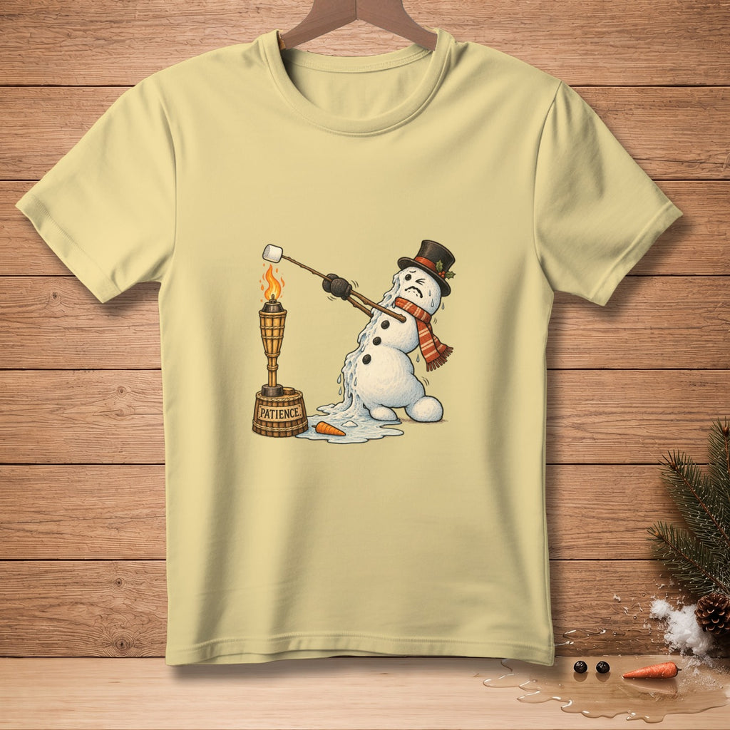 Melting snowman with marshmallow over a torch with "PATIENCE" on bucket.