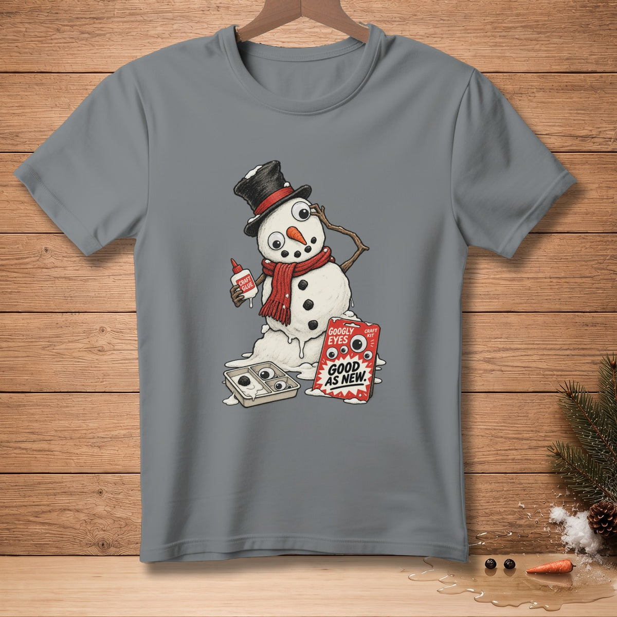 Melting snowman with a craft glue bottle and googly eyes kit.