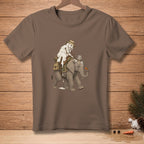 Melting snowman wearing a hat riding an elephant holding a carrot.
