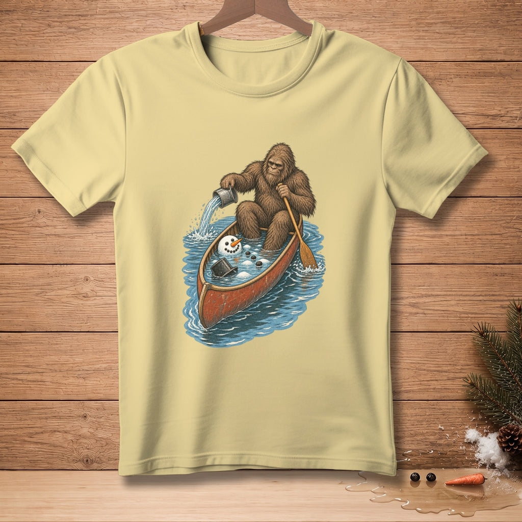 Bigfoot in a canoe pouring water on a melting snowman.