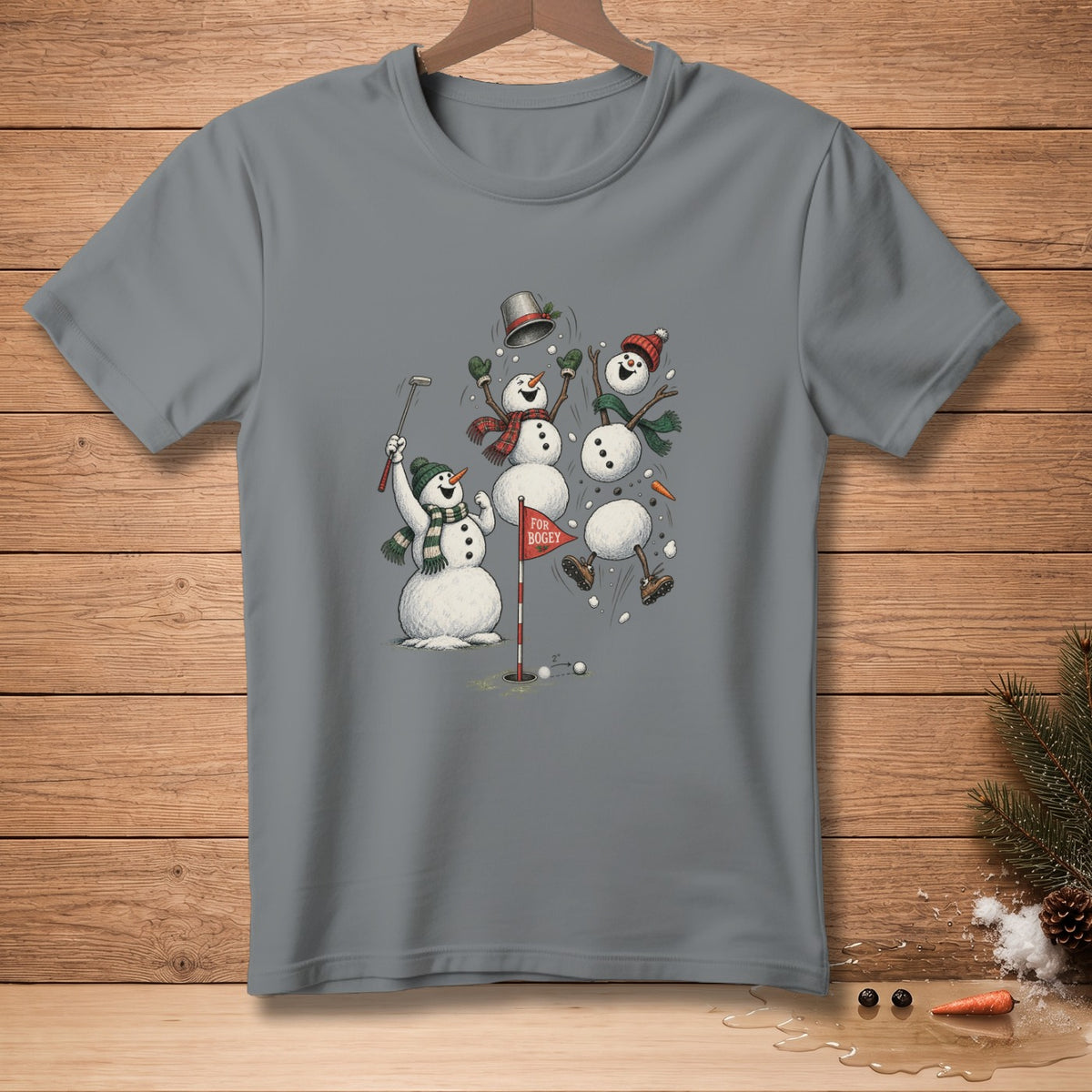 Funny snowmen playing golf with "FOR BOGEY" flag.
