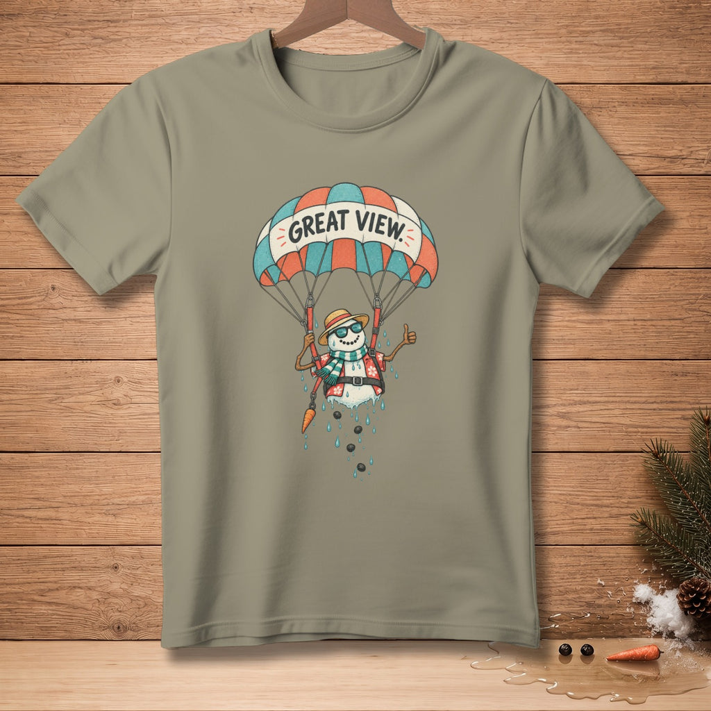 Snowman paragliding under a parachute with "Great View" text.