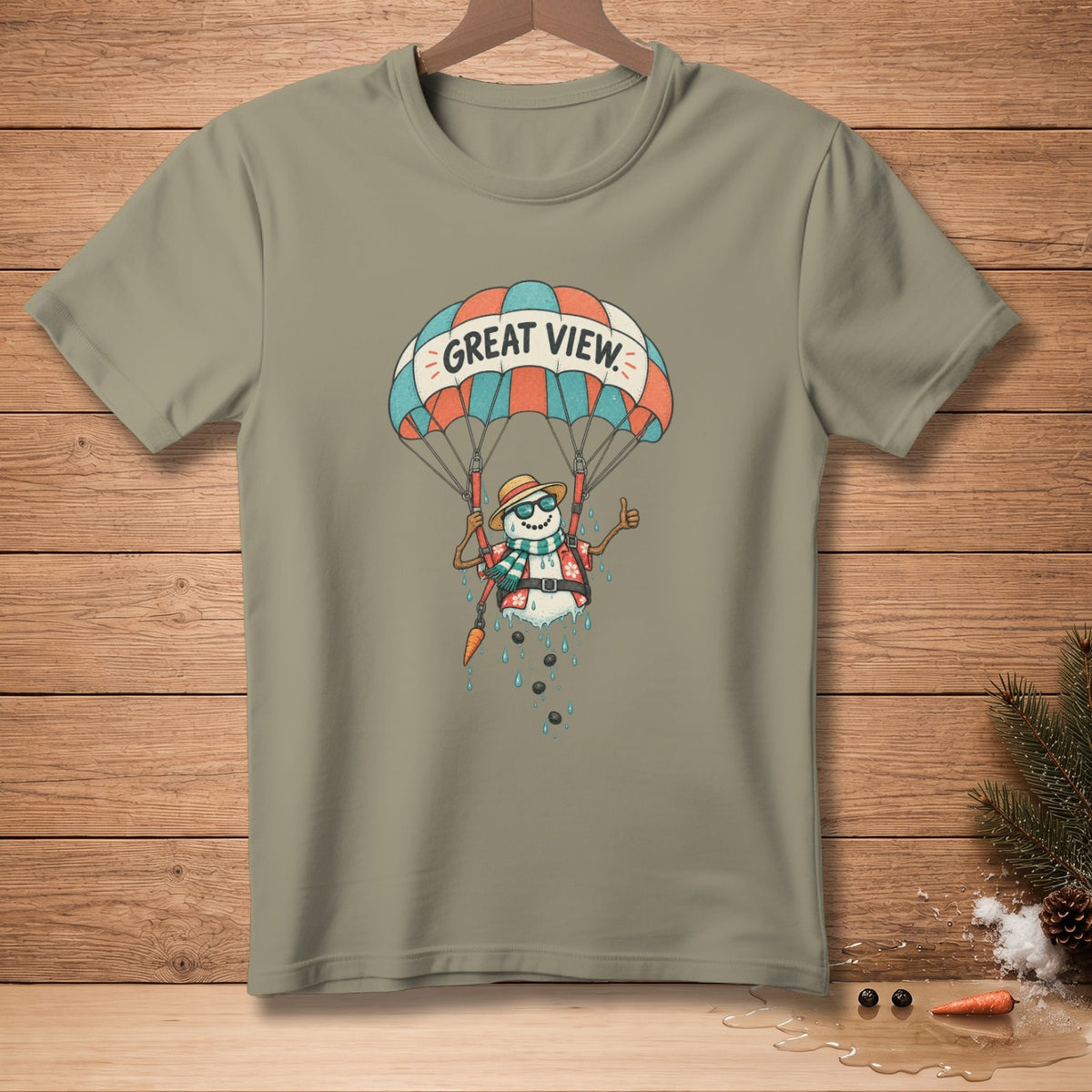 Snowman paragliding under a parachute with "Great View" text.