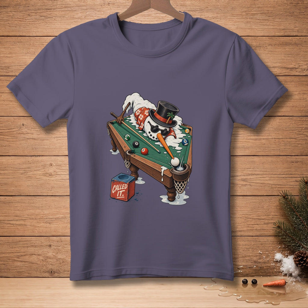 Snowman playing billiards wearing a top hat and sunglasses, text "CALLED IT."
