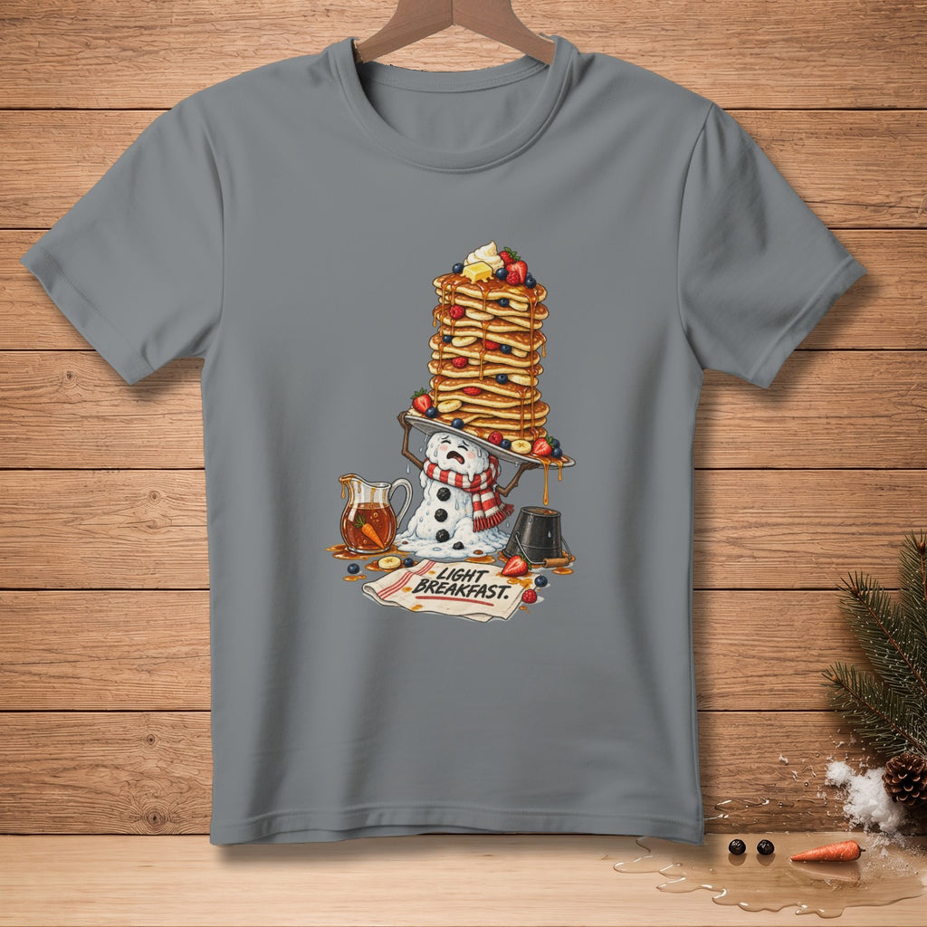 Cartoon snowman with a stack of pancakes and a jug of syrup, reads "Light Breakfast."