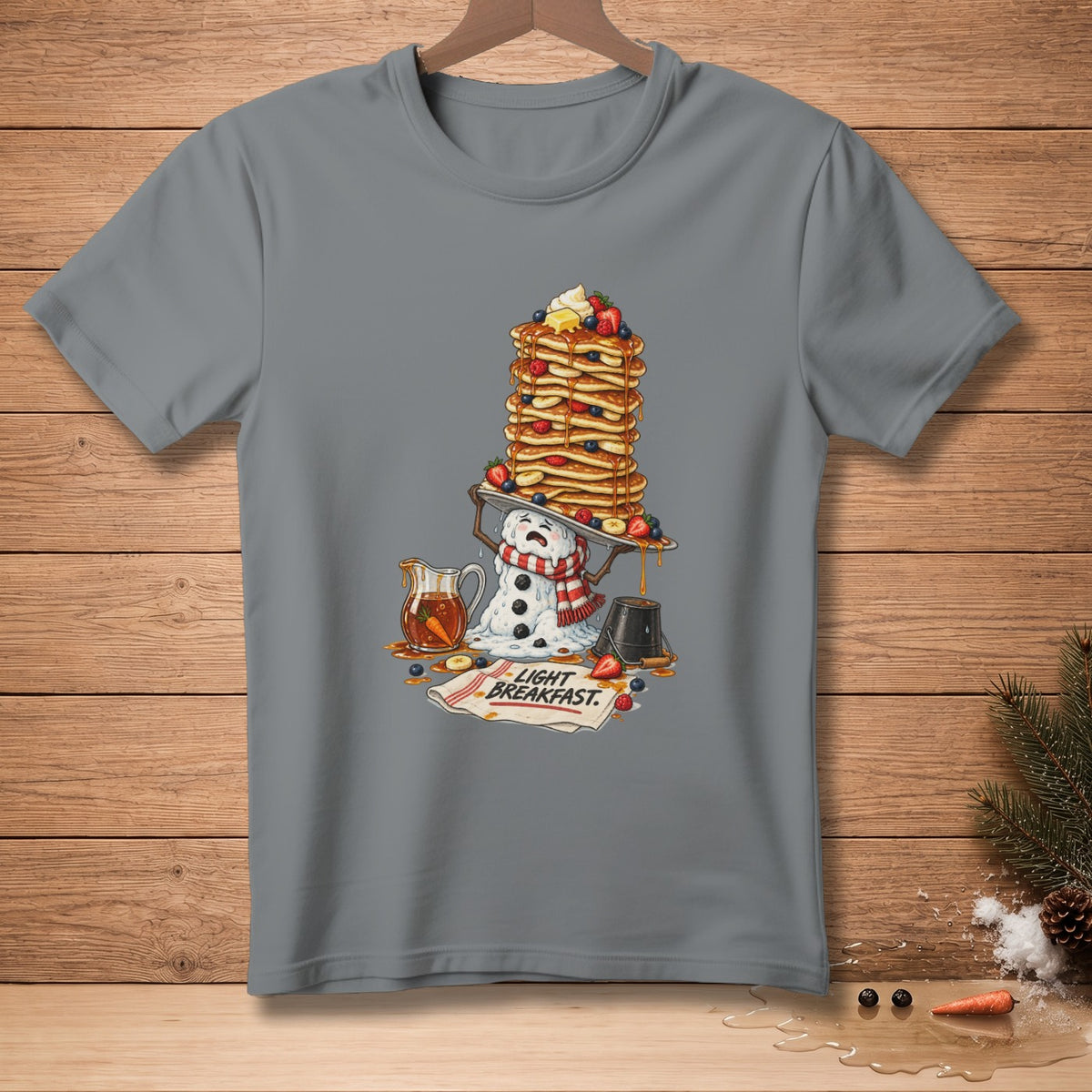 Cartoon snowman with a stack of pancakes and a jug of syrup, reads "Light Breakfast."