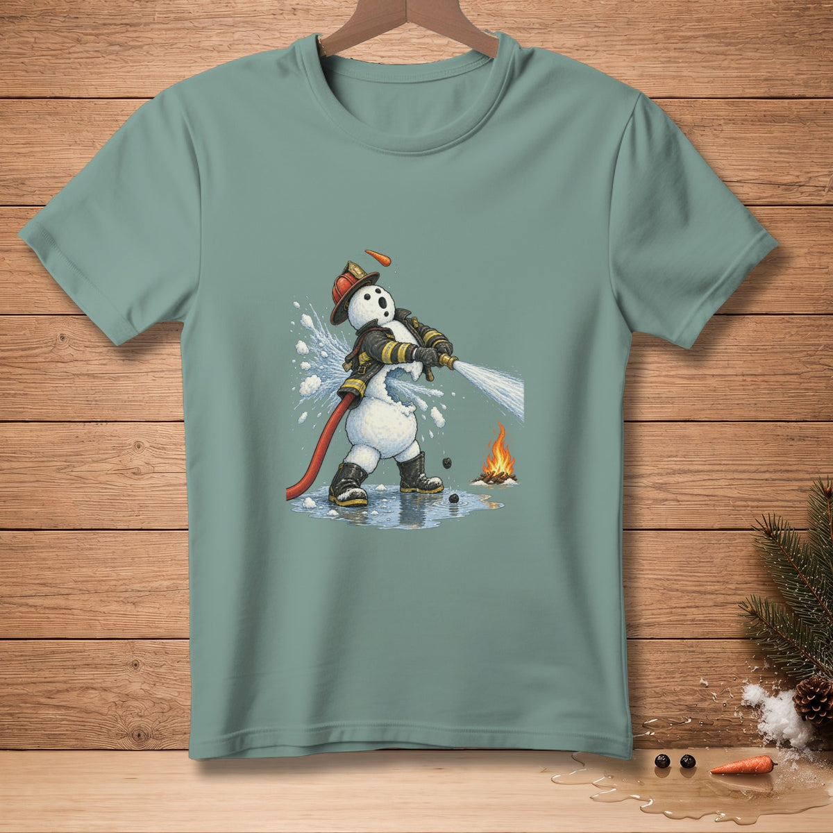Snowman firefighter in uniform sprays water from a hose onto a small campfire.
