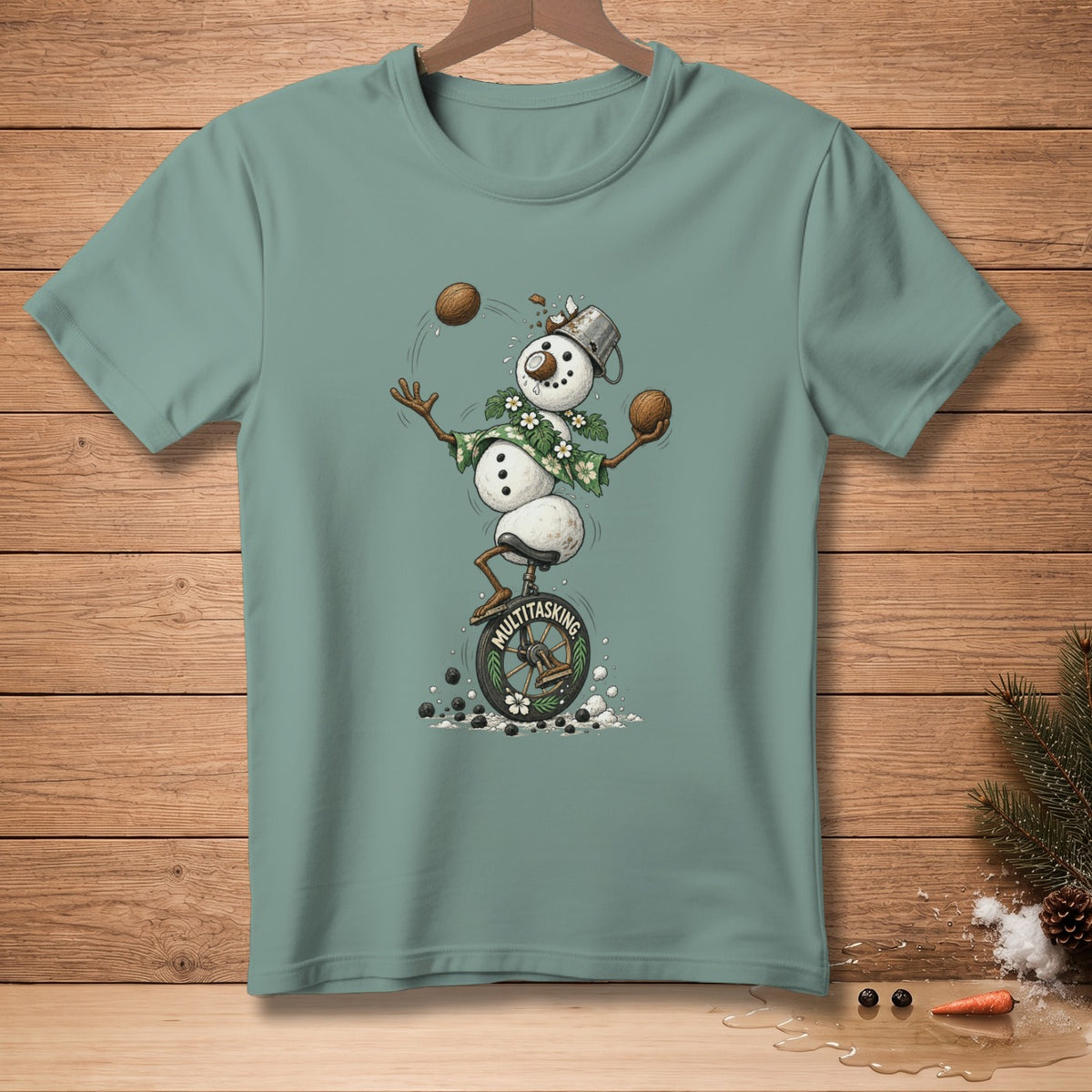 Snowman juggling coconuts on a unicycle with text "MULTITASKING".