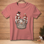 Three snowmen in a bucket of ice with beer bottles and text "HELP YOURSELF".