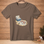 Brown t-shirt featuring a melting snowman in a cooler and on the ground.
