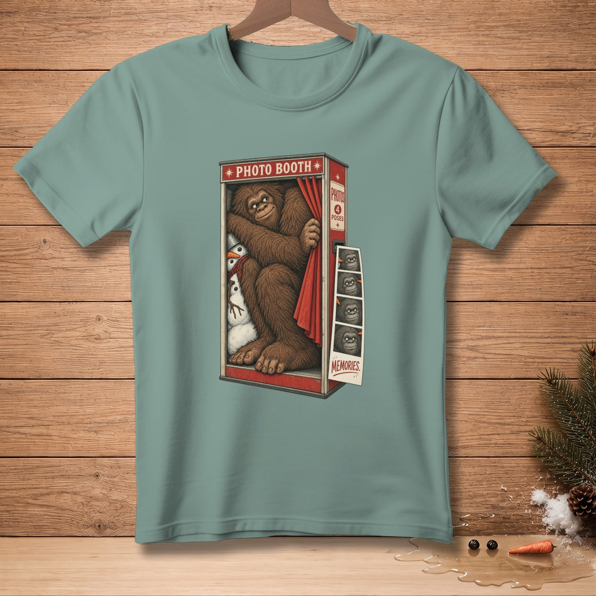 Bigfoot and snowman in a photo booth with photos of Bigfoot.