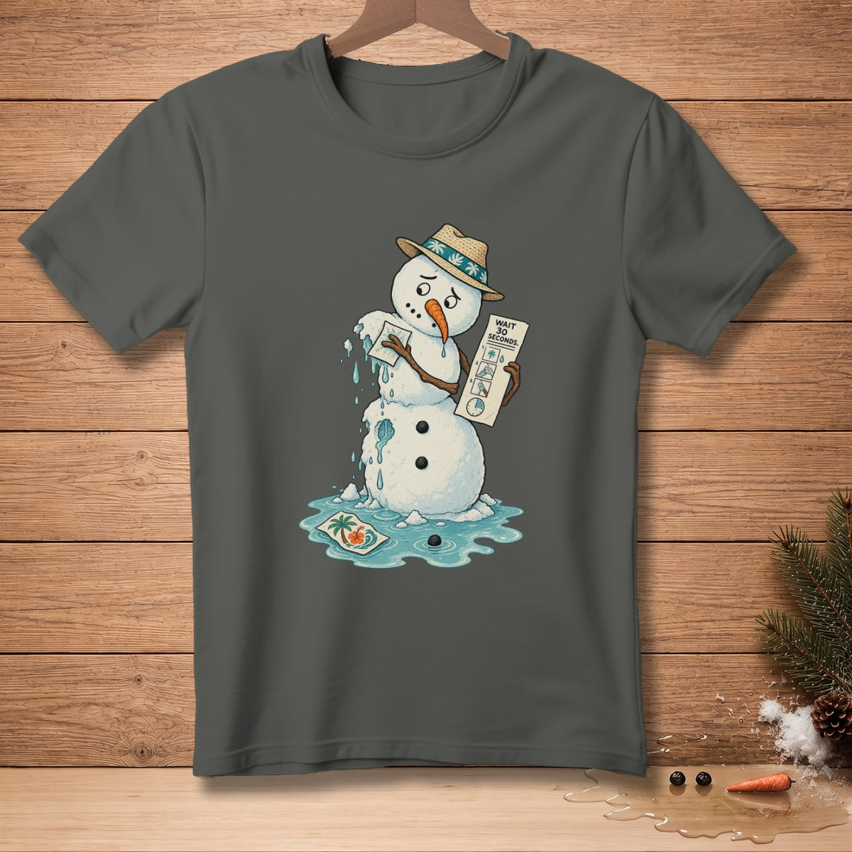 Melting snowman in hat holds paper with icons and text "WAIT 30 SECONDS."