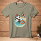 Snowman in a life vest with a life preserver on a beach with a pelican.