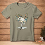 T-shirt graphic of melting snowman in hammock with "OFF DUTY" text.
