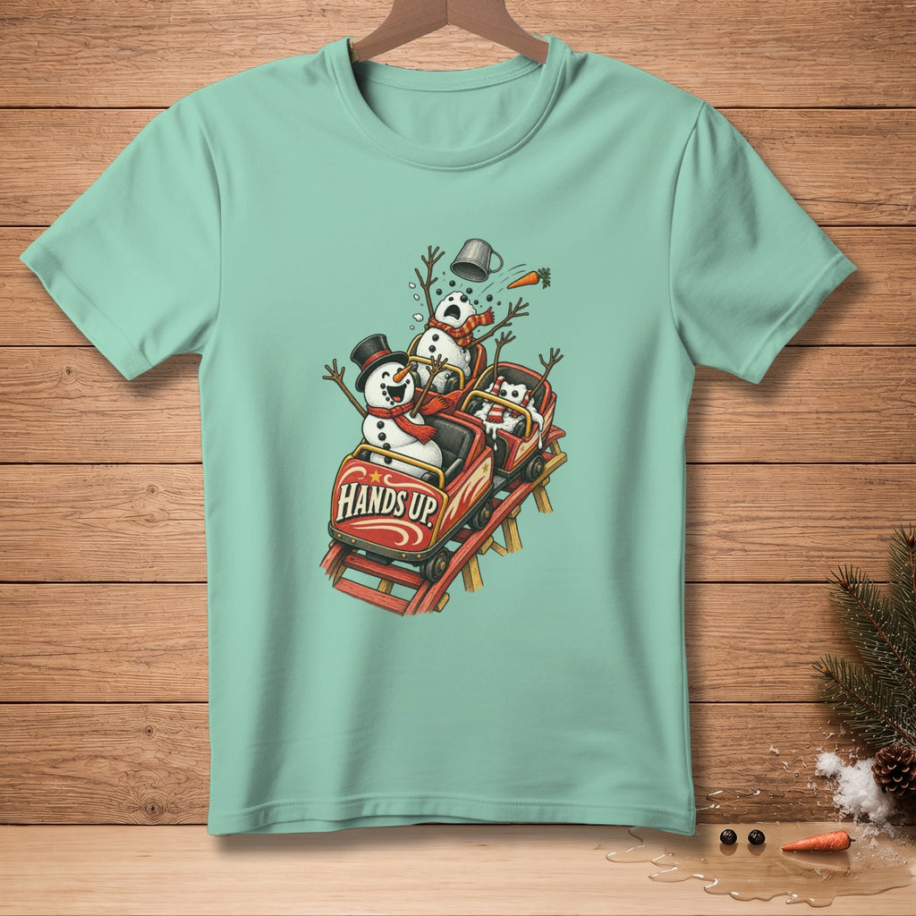 Snowmen in a roller coaster with "Hands Up" text on the cart.
