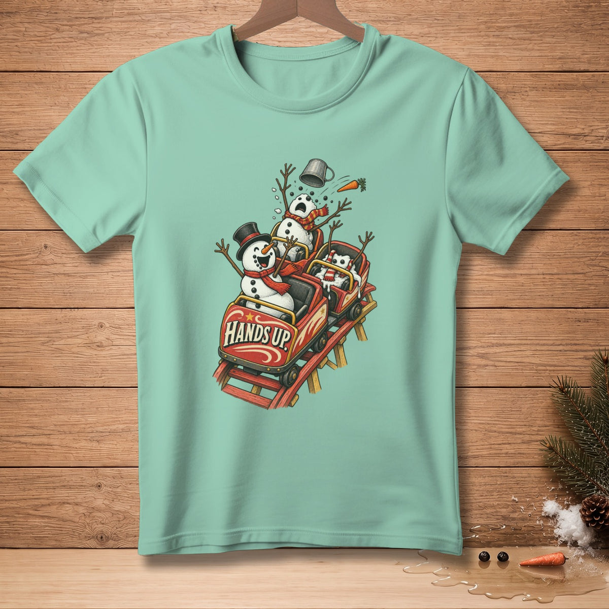 Snowmen in a roller coaster with "Hands Up" text on the cart.