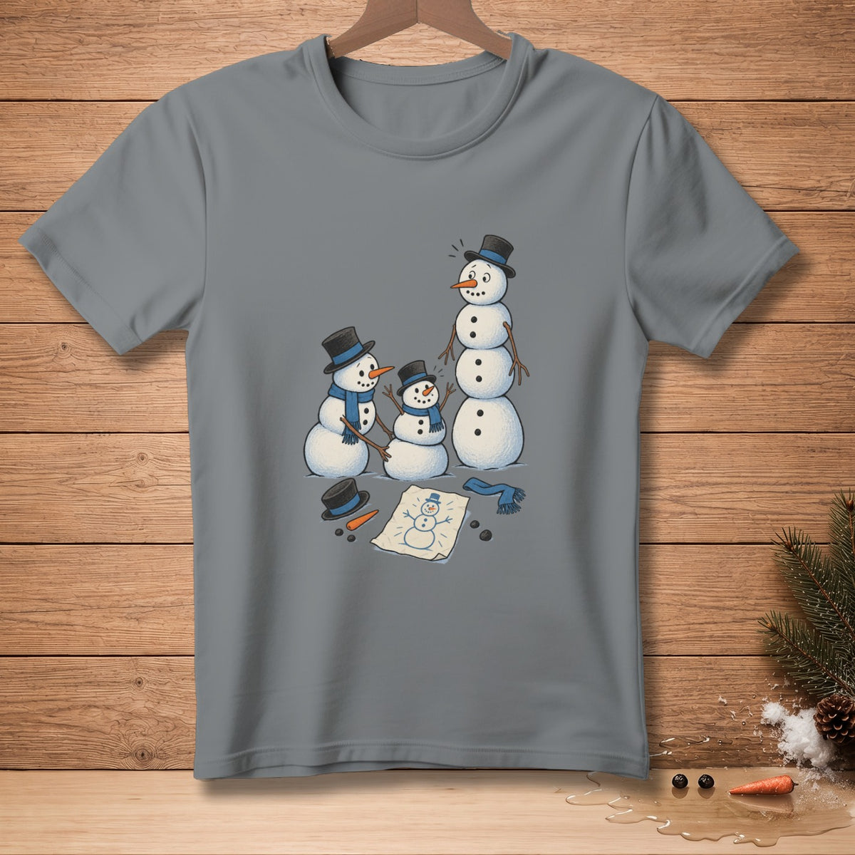 Grey t-shirt with three snowmen and a snowman drawing on paper.