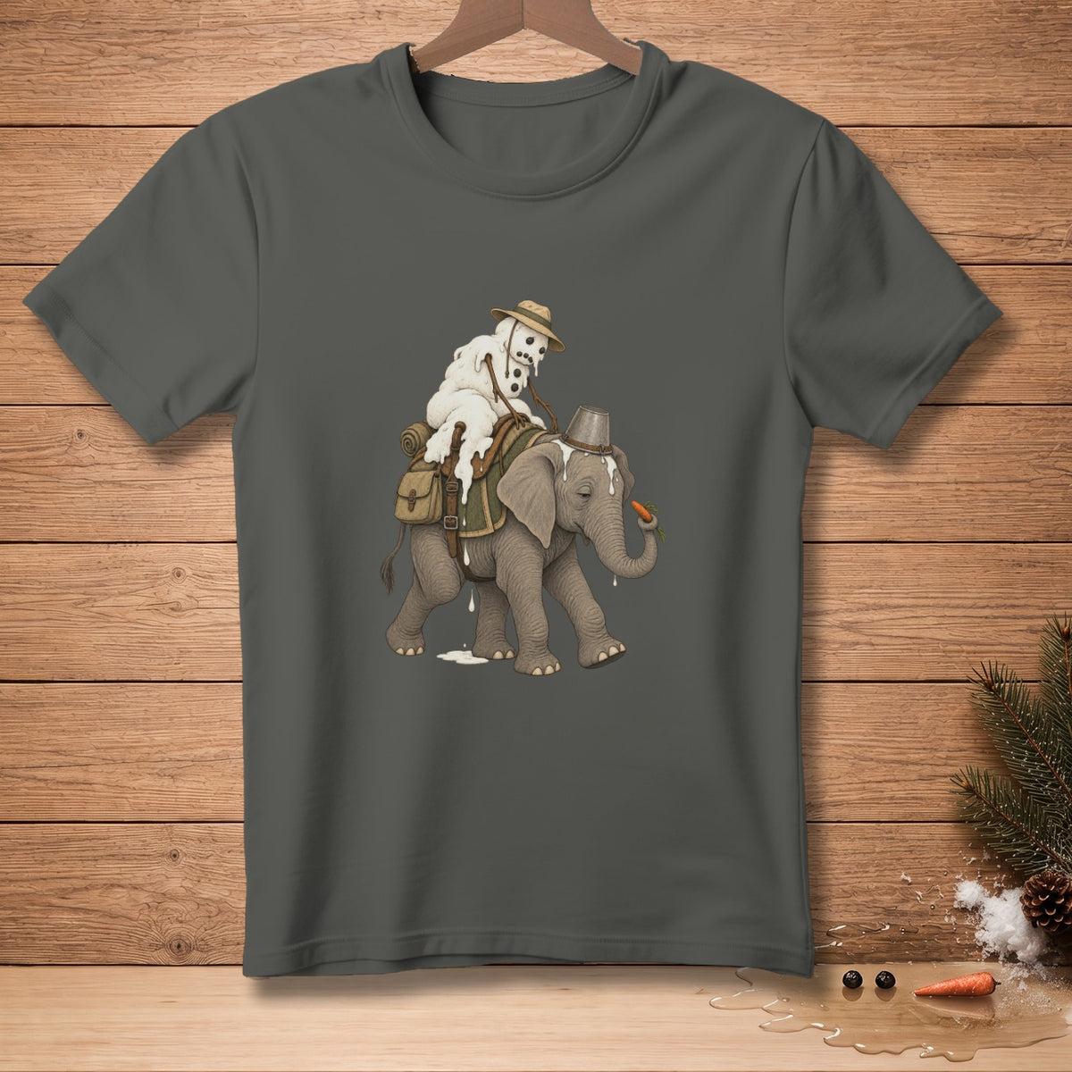 Melting snowman on elephant with bucket and carrot.