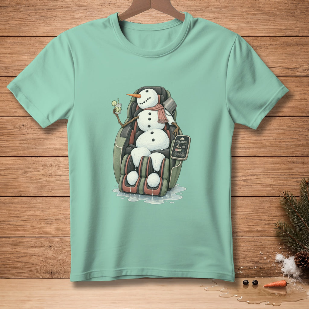 Snowman relaxing in a massage chair with a drink and "Relaxing" control panel.