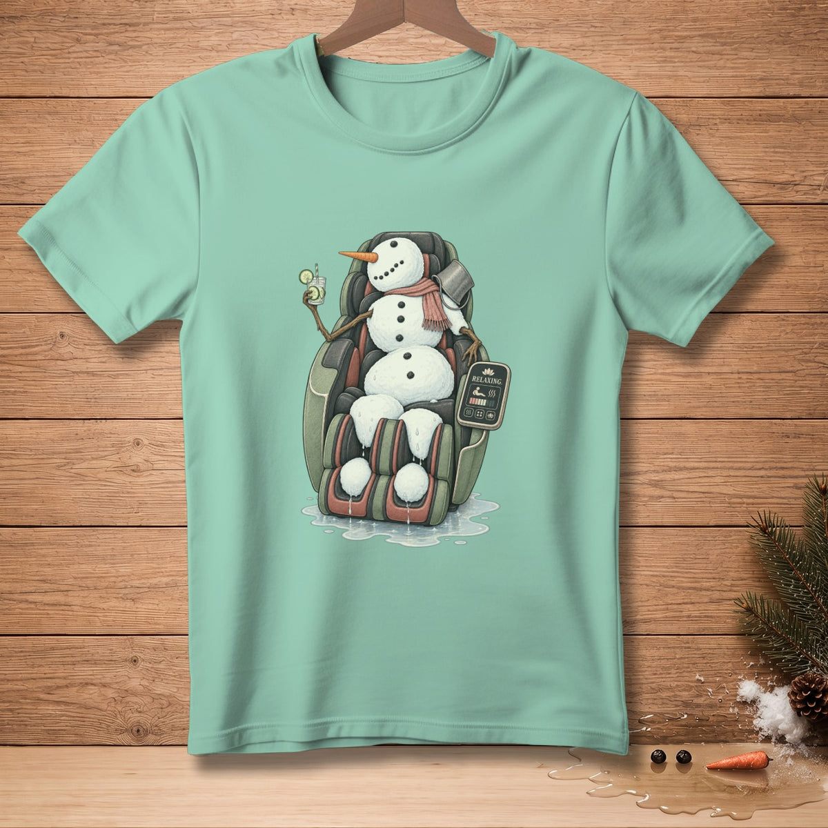 Snowman relaxing in a massage chair with a drink and "Relaxing" control panel.