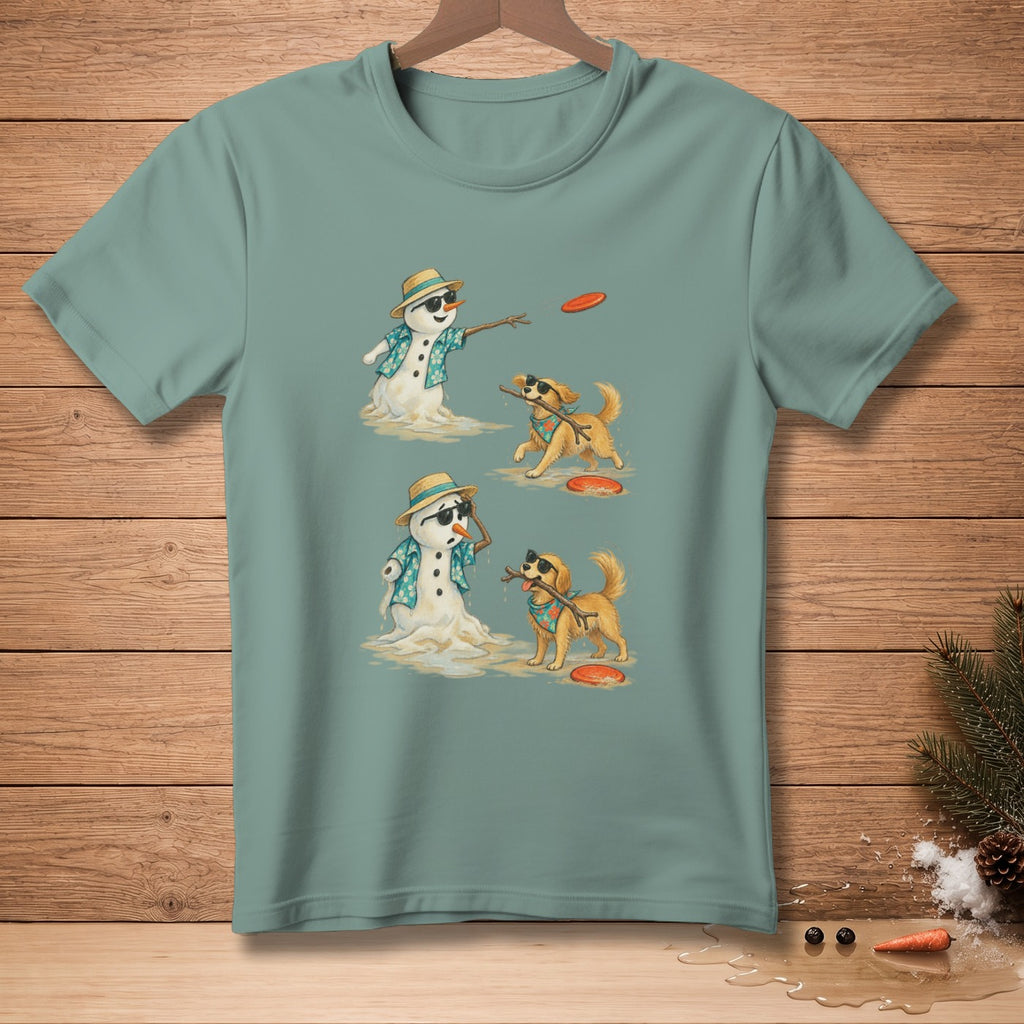 Melting snowman wearing sunglasses and Hawaiian shirt throws frisbee to golden retriever.