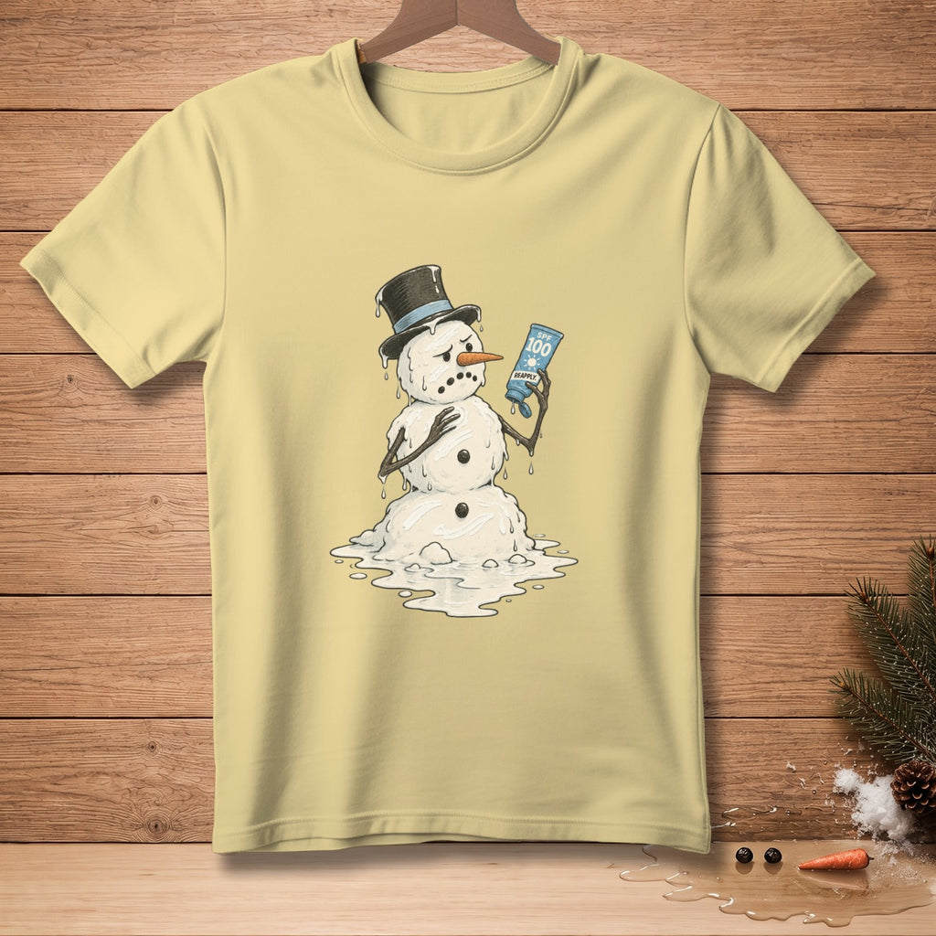 Melting snowman in a top hat holds SPF 100 sunscreen bottle.