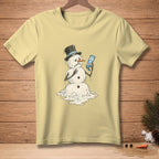 Melting snowman in a top hat holds SPF 100 sunscreen bottle.