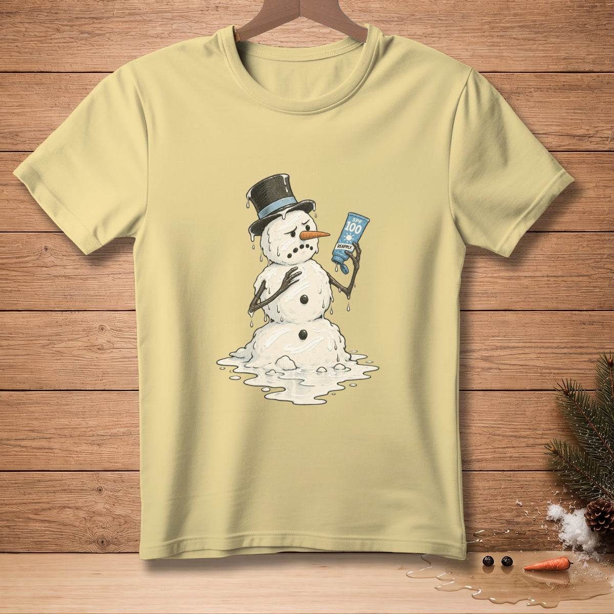 Melting snowman in a top hat holds SPF 100 sunscreen bottle.