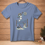 Cartoon snowmen playing volleyball in the sand, one spiking ball labeled "SET. MELT. SPIKE."