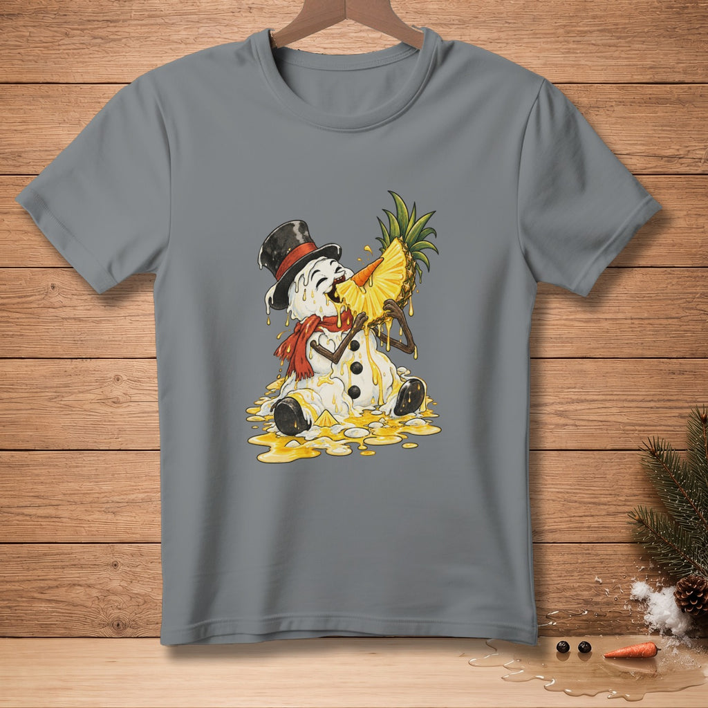 Melting snowman wearing top hat and scarf eating pineapple slice.