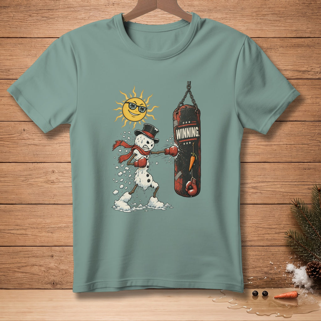 Snowman in boxing gloves punches a "WINNING" punching bag with a sun overhead.