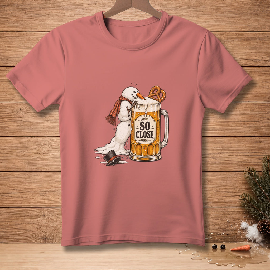 Melting snowman with scarf and carrot nose reaching for beer mug with pretzel.