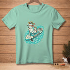 Two snowmen on a paddleboard with "BALANCE" text, on turquoise shirt.