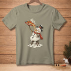 Melting snowman wearing a hat and scarf, eating pizza from a pan labeled "HOT & READY".