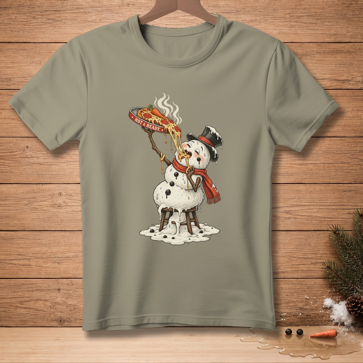 Melting snowman wearing a hat and scarf, eating pizza from a pan labeled "HOT & READY".