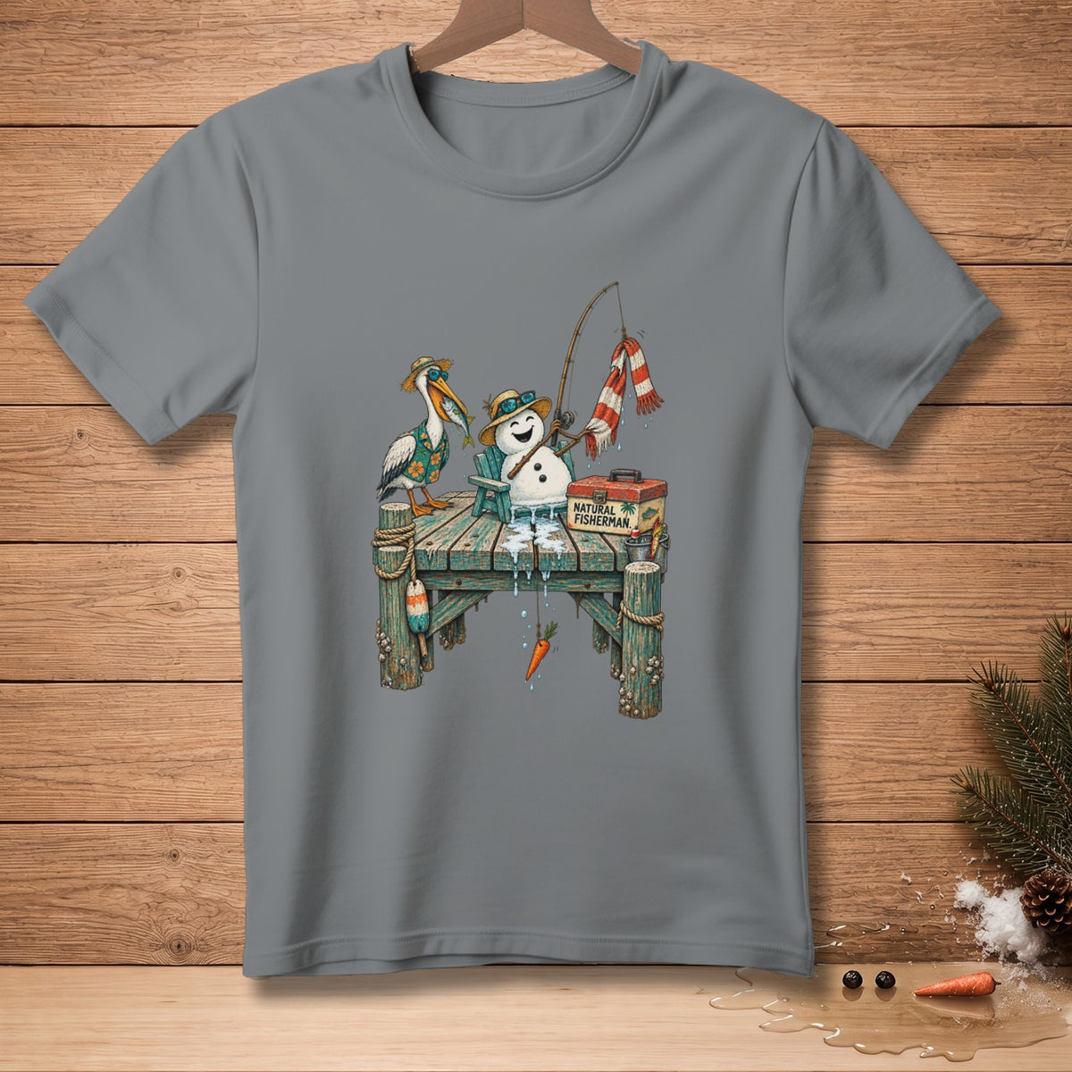 Snowman and pelican fishing on a pier with a carrot bait.