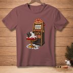 Melting snowman on a stool in front of a slot machine with snowflakes.
