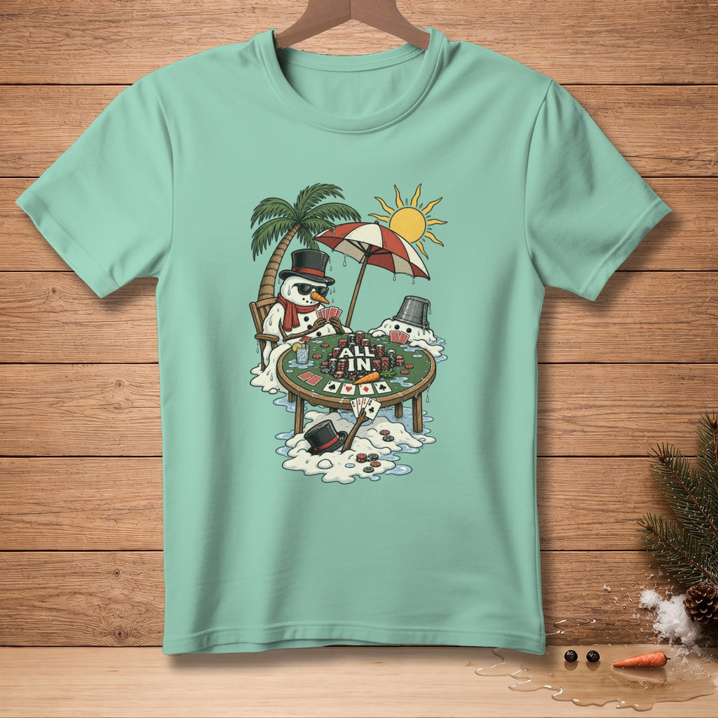 Snowmen playing poker on a beach under a palm tree, with "ALL IN" text.