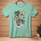 Snowmen playing poker on a beach under a palm tree, with "ALL IN" text.