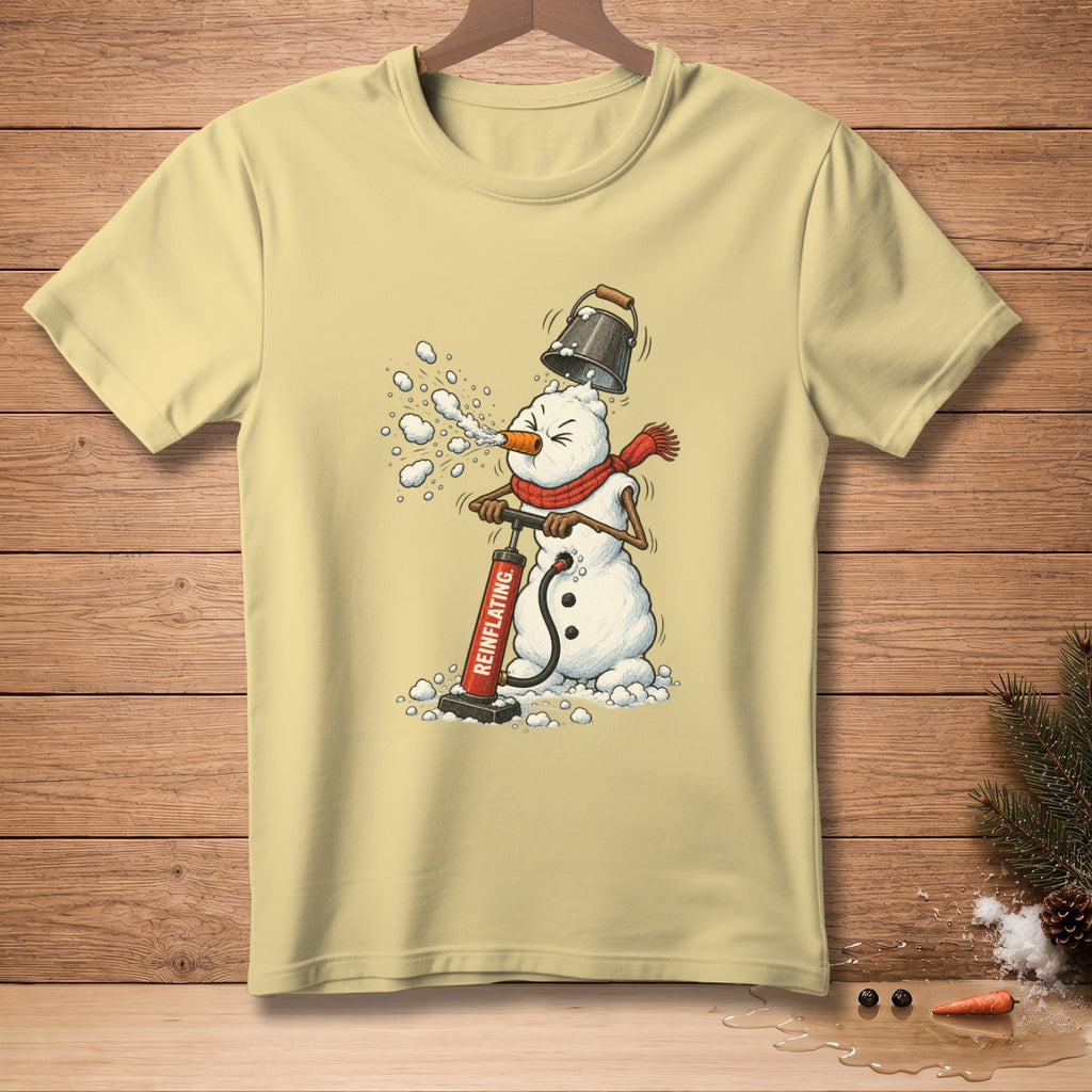 Snowman with bucket on head inflating with "REINFLATING" pump.