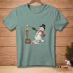 Snowman melting while roasting marshmallow over a torch with "Patience" text.