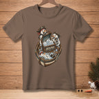 Three pirate snowmen in a boat with a treasure chest labeled "JACKPOT".