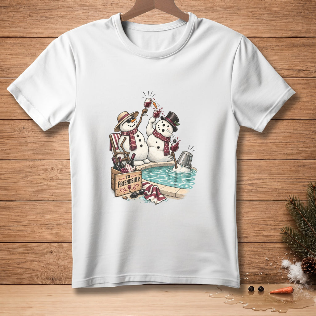 Two snowmen toast wine glasses by a pool with a box labeled "To Friendship."