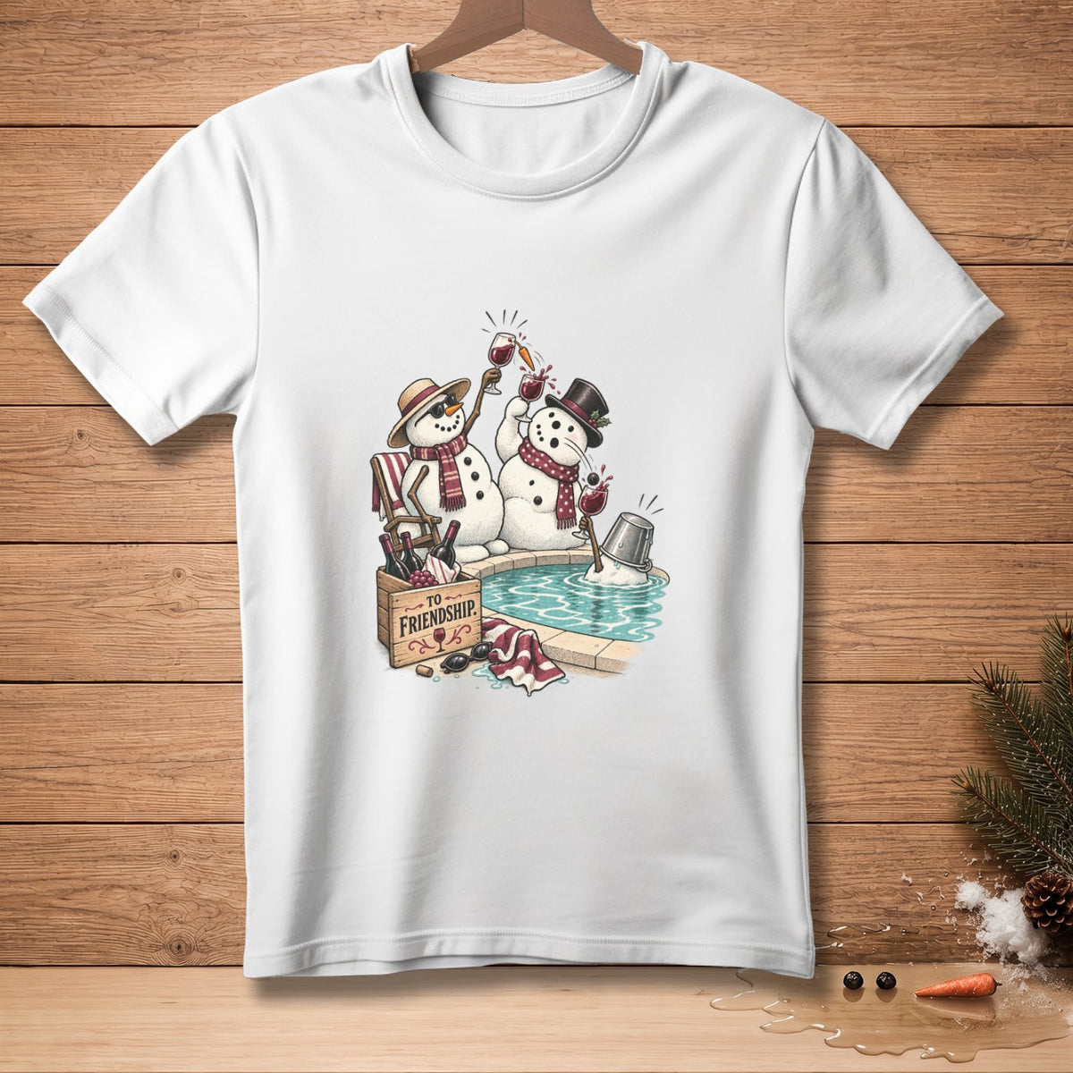 Two snowmen toast wine glasses by a pool with a box labeled "To Friendship."