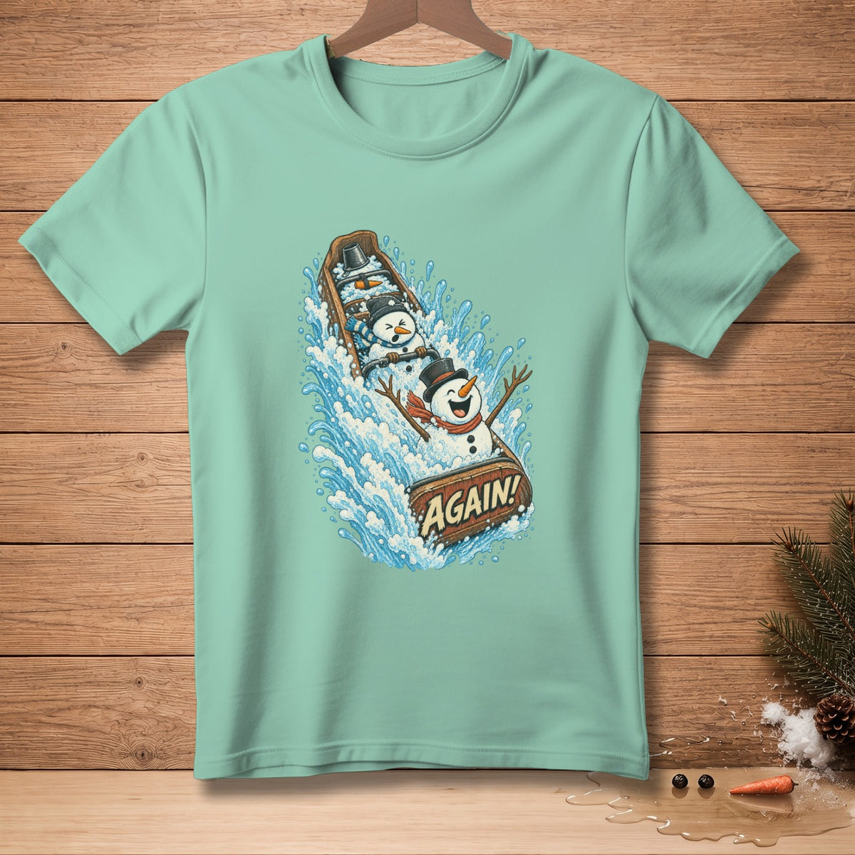 Snowmen in a boat with the word "AGAIN!" on a turquoise t-shirt.