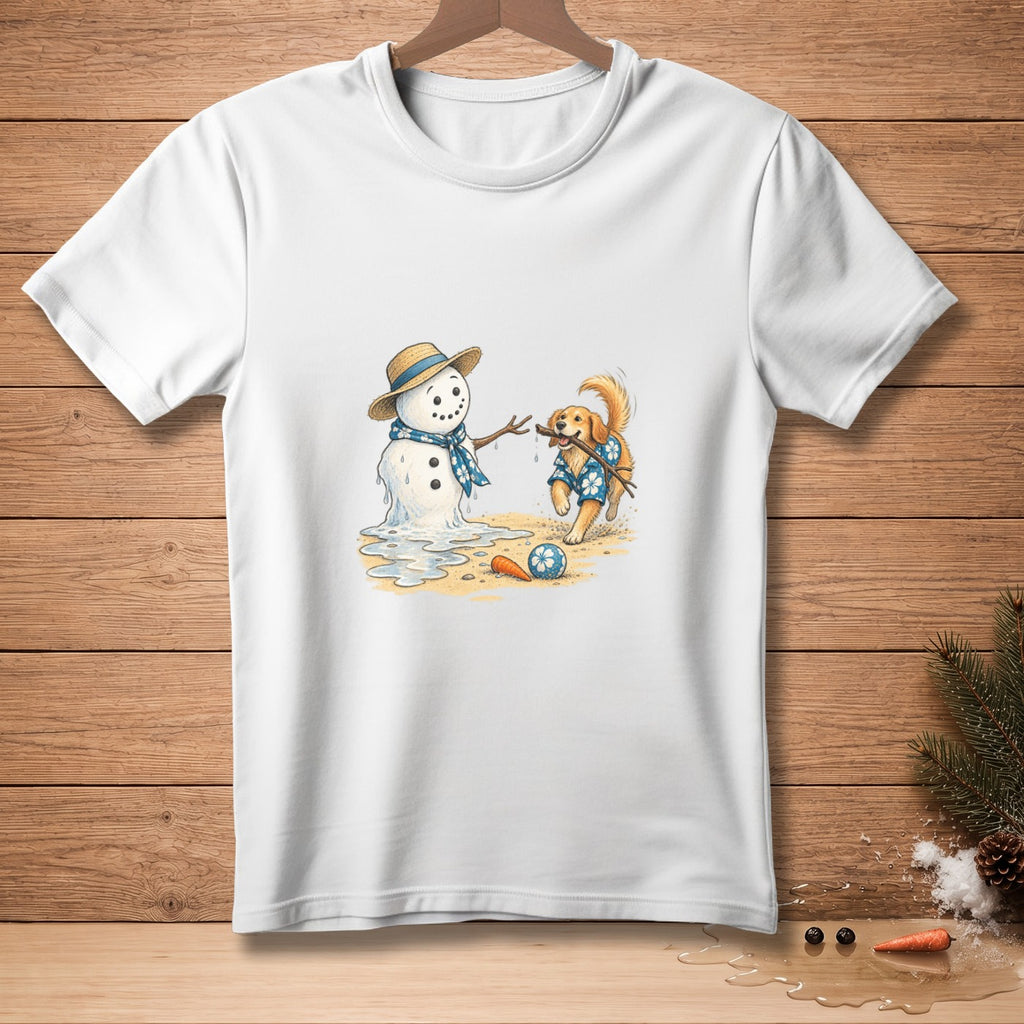 Golden retriever plays fetch with a melting snowman wearing a straw hat.