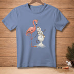 T-shirt with illustration of a flamingo next to a melting snowman with "Miss Poise" sash.
