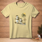 Two snowmen wearing camouflage hats and backpacks walk past a melting snowman in the sand.