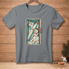 T-shirt with melting snowmen and surfboards in a locker.