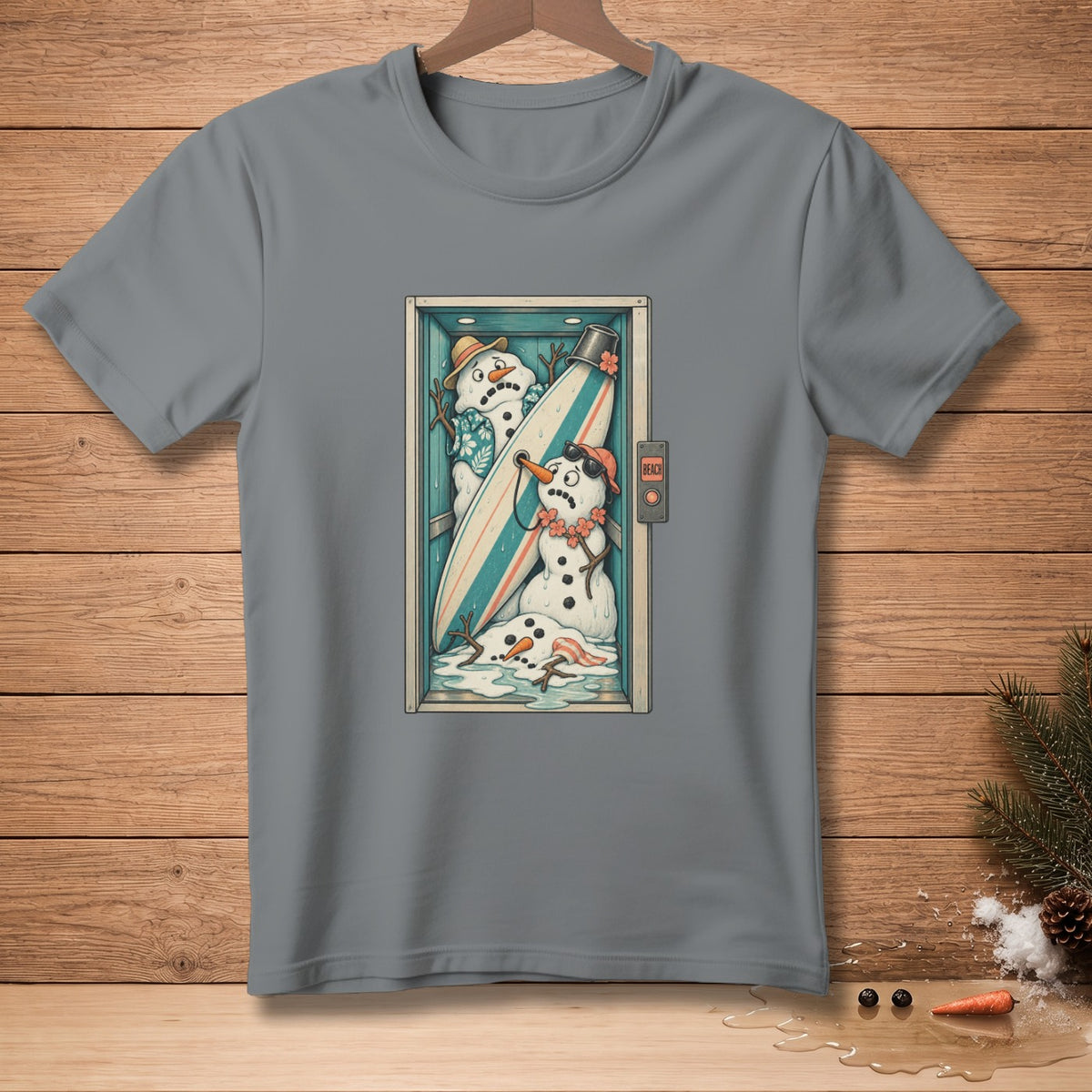 T-shirt with melting snowmen and surfboards in a locker.